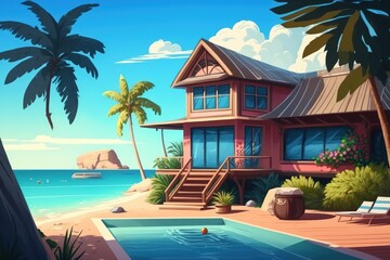 Summer vacation concept, luxury beach resort, bungalow near endless pool overlooking the ocean. Generative AI