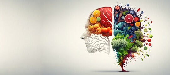 Human head made of fruits and vegetables. Healthy lifestyle conceptual banner with copy space for advertisement.