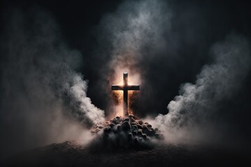 fire on a wooden cross in a dark night landscape. misty and foggy. smoke and flames.
