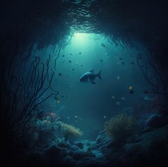 peaceful underwater crystal clear ocean reef. fish and other wildlife creatures swimming in the water bubbles water.