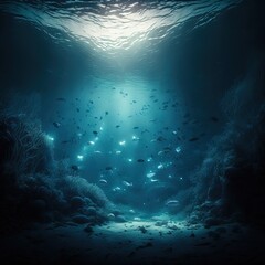 Fototapeta na wymiar fantasy reef clearing. underwater blue water with glowing fish