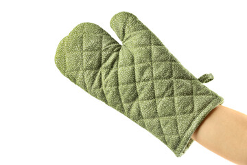 Fototapeta premium Chef in oven glove on white background, closeup