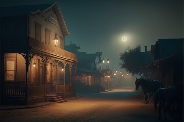 full moon shining on a small spooky western town. Wood houses, saloon.