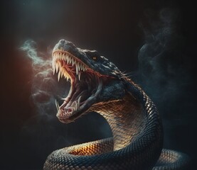 Naklejka premium evil snake. sharp fangs. smoke. isolated dark background.
