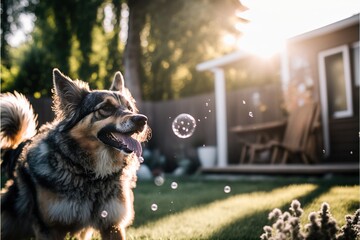 happy dog play in summer backyard
