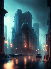 cloudy and misty street in a city with tall buildings. city street. urban steampunk noir sin city private detective style.