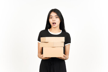 Holding Package Box or Cardboard Box Of Beautiful Asian Woman Isolated On White Background