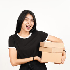 Holding Package Box or Cardboard Box Of Beautiful Asian Woman Isolated On White Background