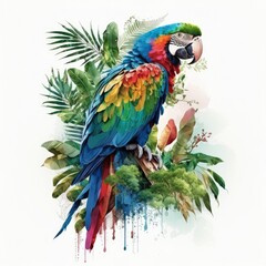 Watercolor Illustration of a Macaw, Blue, Green, Red, Orange, Generative AI