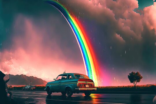 a car with rainbow background by ai generative