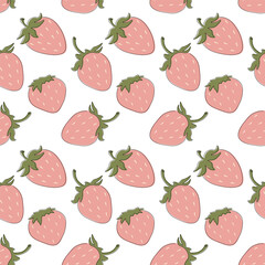 Modern seamless pattern with pink strawberries continuous one line art. Vector art illustration.
