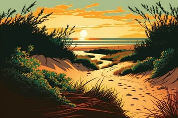 Sunset View of the North Sea and Canal from a dunes in Ouddorp, Zeeland Province, Netherlands. outdoor scene of a European coast in the wilderness. Generative AI