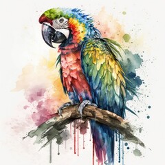 Watercolor Illustration of a Macaw, Blue, Green, Red, Orange, Generative AI