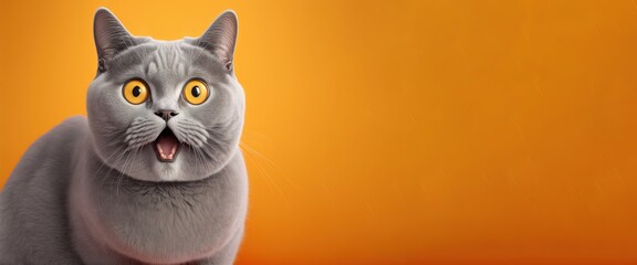  British shorthair cat portrait looking shocked or surprised on orange background with copy space