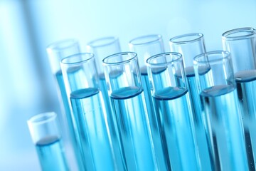 Test tubes with light blue liquid in laboratory, closeup