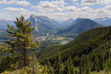 Fototapeta premium View of the town of Banff from the top of the mountain. Hiking, climbing, Tourism Alberta Canada. Canadian Rocky Mountains