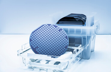 patterned silicon wafers in a universal pod. Electronic circuit designs have been built onto the wafers using micromaching including photolithography - obrazy, fototapety, plakaty