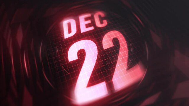 22 December in 3d motion graphic. Infrared calendar in futuristic and tech glowing neon for takes, commemoratives in led and etc. 4k in loop