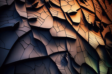 Cracked wooden multi layered  surface with mosaic like elements lighted with colorful light. Background. AI-generated 