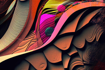 Closeup of the multicolored organic 3d surface with leather fabric and wood textures. Background. AI-generated. 