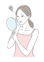 お肌のトラブルに困惑する女性 手鏡を見る女性 美容イメージイラスト