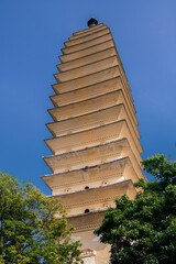 Ancient Chinese Buddhist pagoda under blue sky