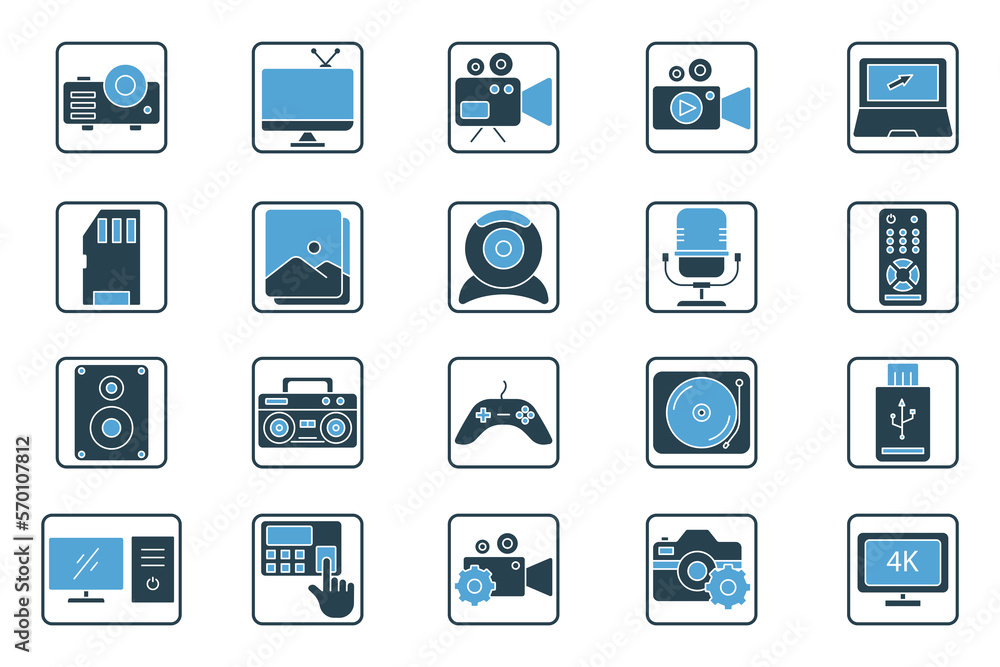 Poster multimedia set icon illustration. icon related to technology. solid icon style. simple vector design