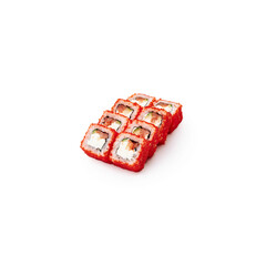 8 piece Philadelphia Rolls in Tobiko on a white background, isolated