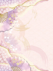 桜　和柄　青海波　扇子　水彩　筆書き　金箔　背景　ベクター
