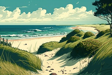 View of the stunning beach and sand dunes near Henne Strand, Jutland, Denmark's North Sea coast. Generative AI