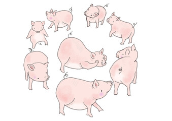 鉛筆画の豚が遊んでいるカラーイラスト