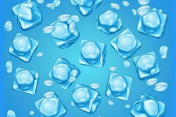 Top view of ice cubes with water drops from melting on a blue background. Generative AI