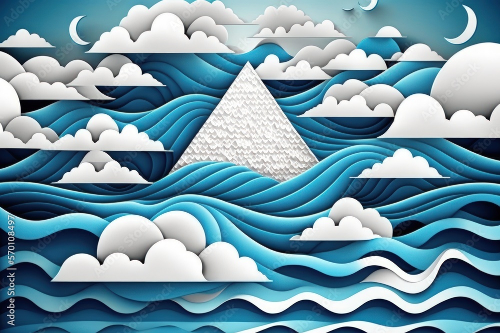 Poster Triangle shaped abstract sea background; polygonal cloudscape; water, waves, and op art; Reality is a fabrication. blue wall covering. Generative AI