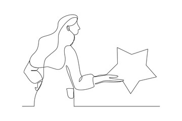 Continuous single one line drawing art of business woman holding star. Vector illustration concept of reward achievement, success, career goal, dream.