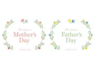 かわいい母の日と父の日のリースセット／手描きイラスト素材