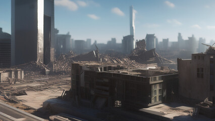 modern city destroyed by the war, postmodern world, Generative AI