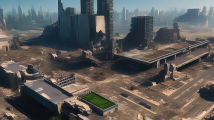 Fototapeta premium modern city destroyed by the war, postmodern world, Generative AI