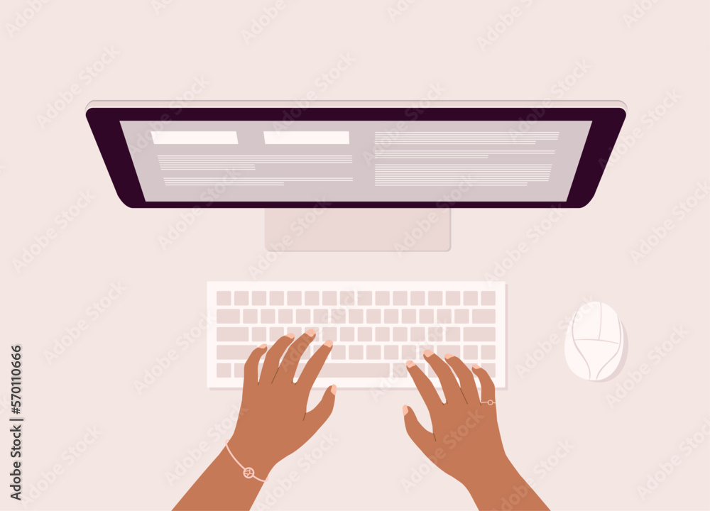 Aufkleber top view of black female’s hand typing on computer keyboard in front of desktop monitor. close-up. f
