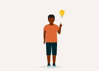 One Little Black Boy Thinking With One Finger Pointing Up A Yellow Light Bulb. Full Length. Flat Design Style, Character, Cartoon.