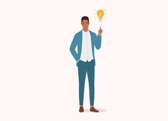 One Smiling Black Businessman Thinking With One Finger Pointing Up A Yellow Light Bulb. Full Length. Flat Design Style, Character, Cartoon.