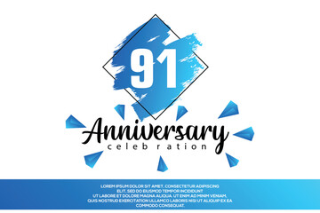 91 year anniversary celebration vector design with blue painting on white background  Template abstract 