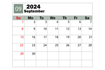 September 2024 calendar. Diary calendar. Daily planner. Vector illustration.