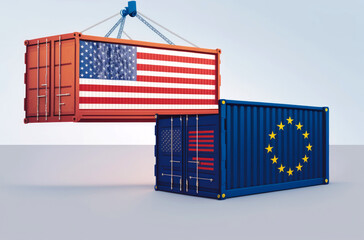 Two freight container with USA and European Union flag - Generative AI