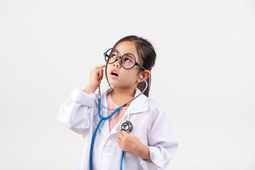 Asia little girl playing doctor isolated on white