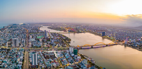 Obraz na płótnie Canvas Aerial view of Da Nang city at sunset.