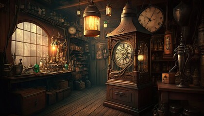 Inside a steampunk antique store generative ai 