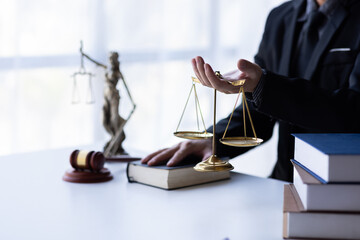 Lawyer working in office. Statue of justice, Law, legal services, advice, justice and law concept 