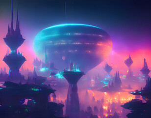 Fluorescent luminescent city in the clouds located on the edge of the Galaxy. Town lights luminating sky. Generative AI