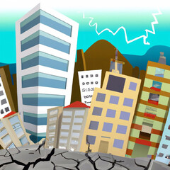 Illustration of earthquake in the city. Drawing of collapsing buildings.