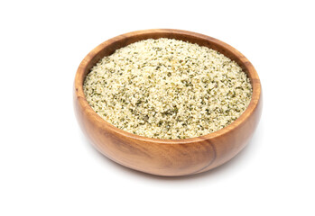 Shelled Hemp Seeds in Wooden Bowl Isolated on White Background. Healthy Food